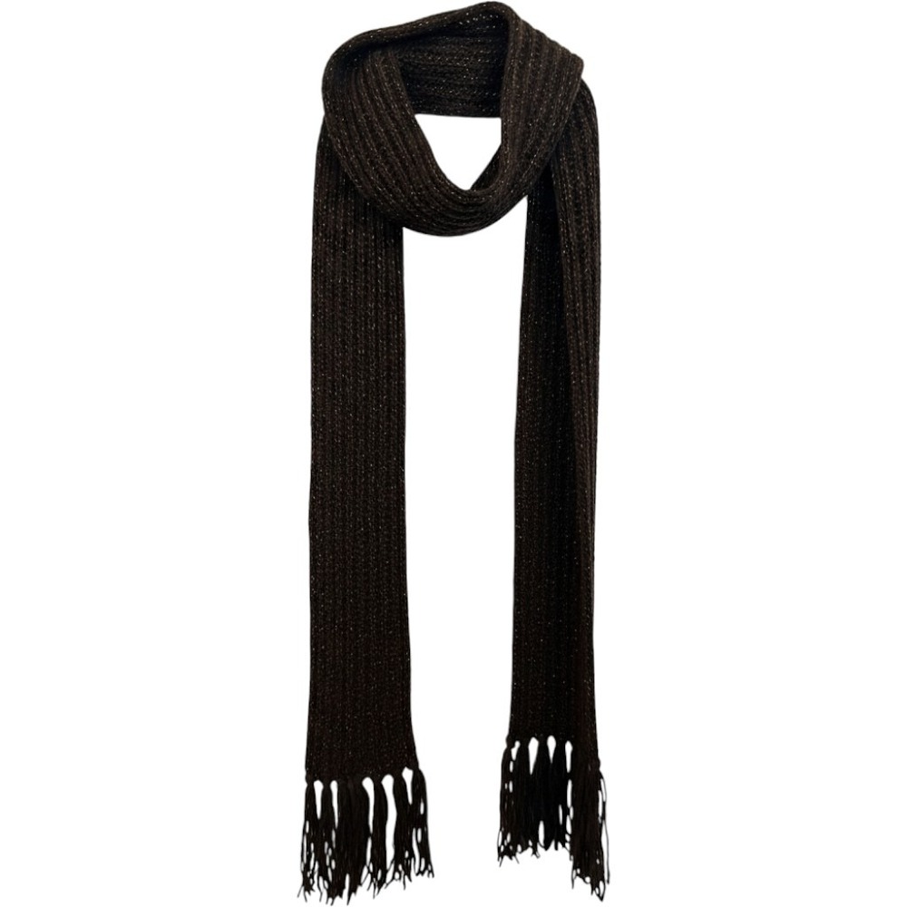 Unbranded Knit Scarf Women OS Brown Excellent Metallic Gold Thread Fringed Trim